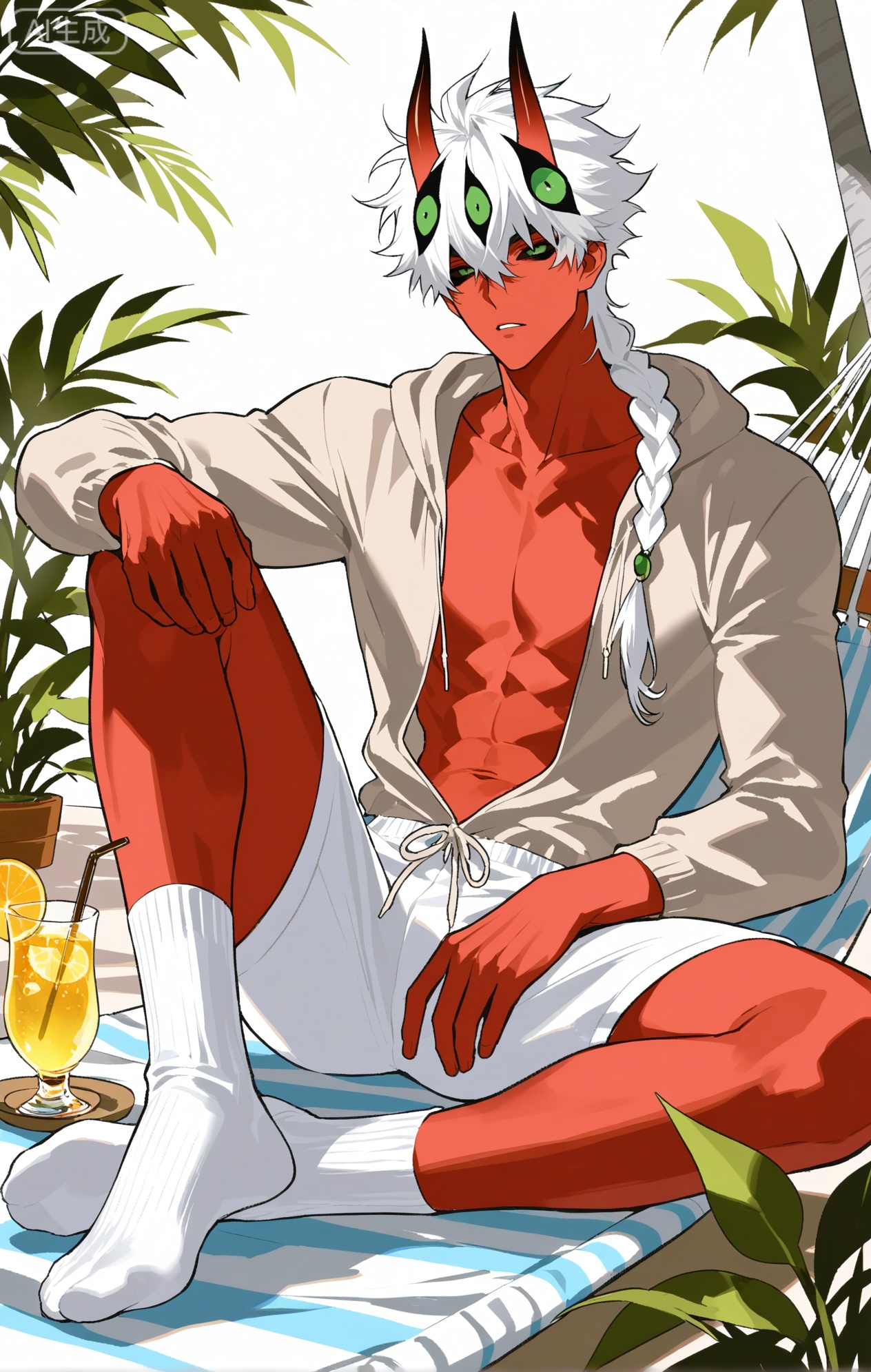 
Rider \(on my way to see my mom\),rider,rider_omysmm,white hair,single braid,red skin,black sclera,green eyes,red horns,extra eyes.,Eyes on hair

xiaozhitiao,dianmei,1boy,bangs ,socks,white socks,dianmei (artist:mazjojo:0.53),(artist:pigeon666:0.37),(artist:zawar379:0.57),(artist:remsrar:0.35),(artist:yoneyama mai:0.64),(yokoyari mengo:0.6),1boy,male focus,solo,medium - length wavy hair,hooded pajamas,hood down, a light - brown knitted scarf draped over his shoulders, his toned abs visible as he dozes off in a hammock on a wooden patio. The hammock is strung between two posts, and there's a small side table with a half - read book and a glass of lemonade. Potted ferns line the edges of the patio, and the afternoon sun casts a warm, yellow glow.,White bodysuit