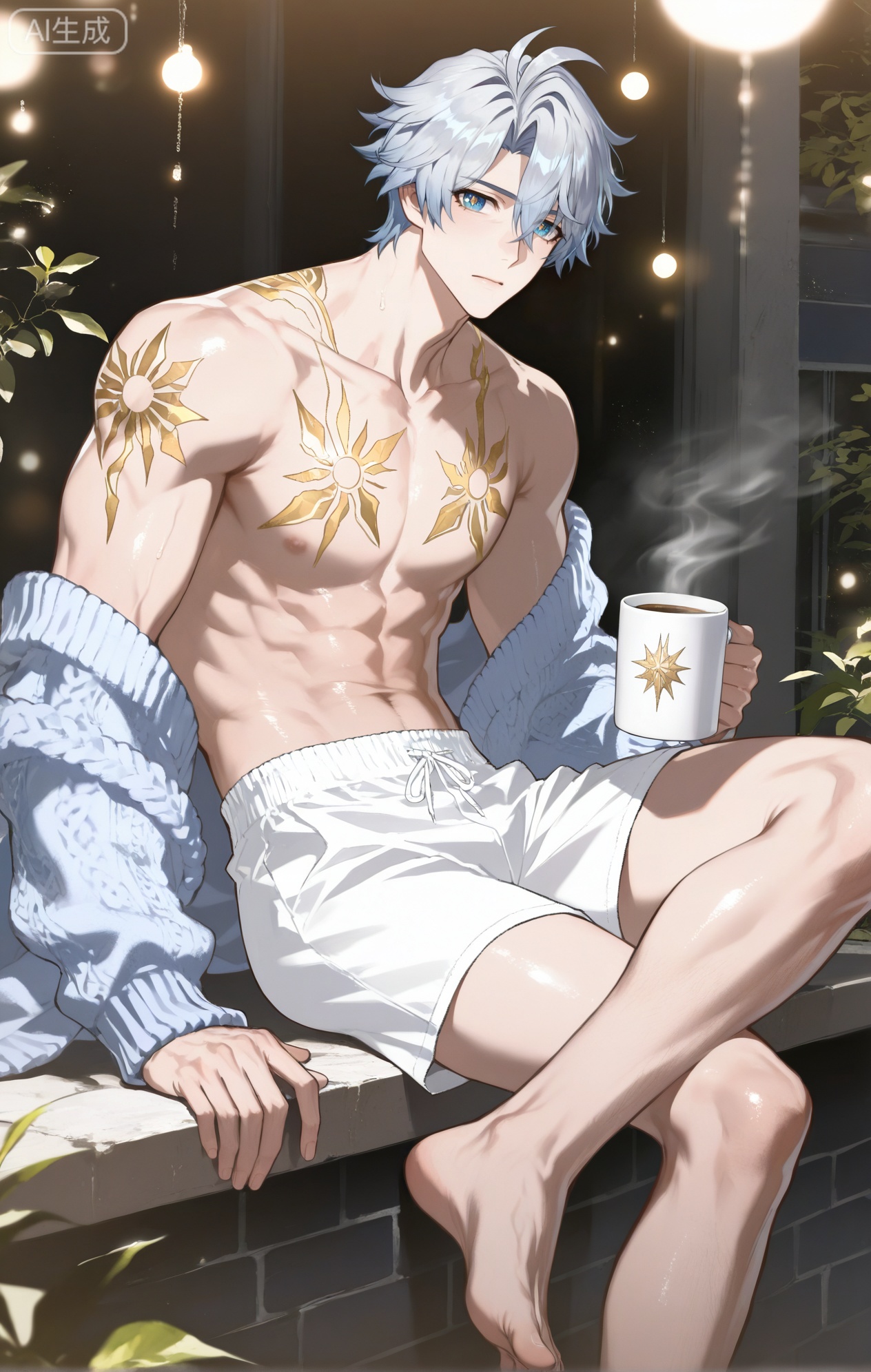 Small note art style,,xiaozhitiao,((1boy,phainon (honkai: star rail),white hair,blue eyes,short hair,ahogeSun tattoo, yellow tattoo,xiaozhitiao,dianmei,.,White bodysuit

(artist:mazjojo:0.53), (artist:pigeon666:0.37), (artist:zawar379:0.57), (artist:remsrar:0.35), (artist:yoneyama mai:0.64), colored pencil (medium), rei (sanbonzakura), (yokoyari mengo:0.6), (flat color:1.2)
amazing quality, very aesthetic, ultra-detailed, scenery, depth of field, amazing quality, volumetric lighting, (soft, cool light), detailed eyes, high definition, masterpiece, best quality, very awa, newest, highres, absurdres, year 2024, extremely detailed, highres, detailed beautiful face and eyes,best aesthetic, high resolution, good colors,  bright skin, lots of details, 
BREAK
1boy, male focus, mature male, shiny skin, toned male,  bara,  

Anime style, 1 young man, (gentle and inviting expression:1.4), (soft smile:1.3), (sparkling eyes), (looking_at_viewer:1.6), sitting on a windowsill with rain streaming down the windowpane, (dynamic pose: holding a warm mug of coffee), wearing an **oversized, cozy beige knit sweater**, (the sweater slips off one shoulder, revealing skin), (barefoot), intricate details, cool and warm tones, sharp focus, cel-shading, anime key visual, ultra HD, 8k, masterpiece, best quality.

