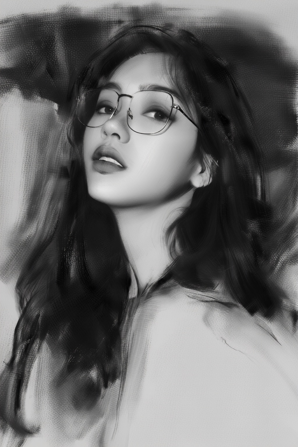 yizhengke3q illustration. A young woman,  shown in 3/4 view,  is wearing glasses and has her head tilted slightly upward....