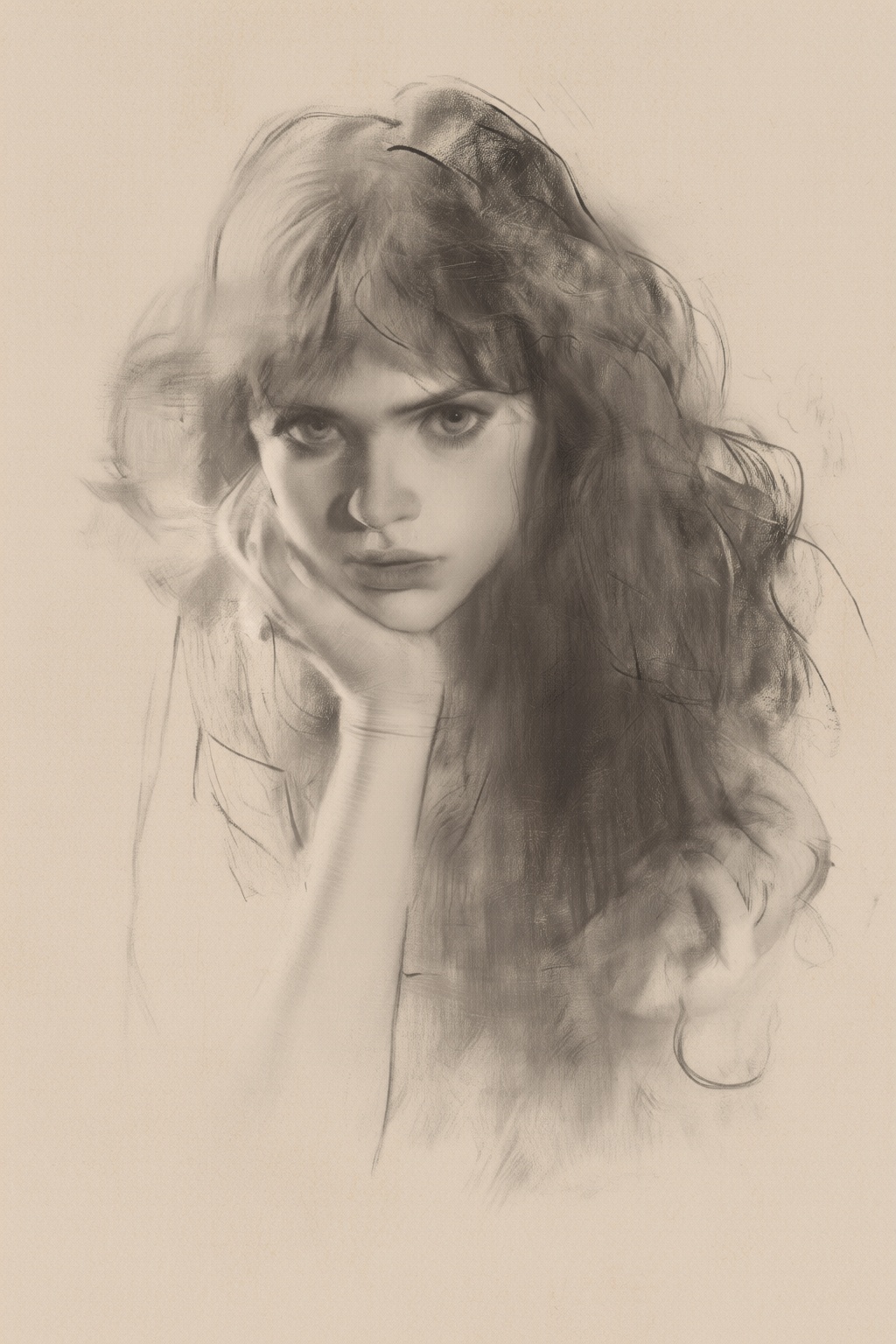 yizhengke3q illustration. Sketch of an European girl with long,  flowing voluminous hair is looking at the viewer. She is...