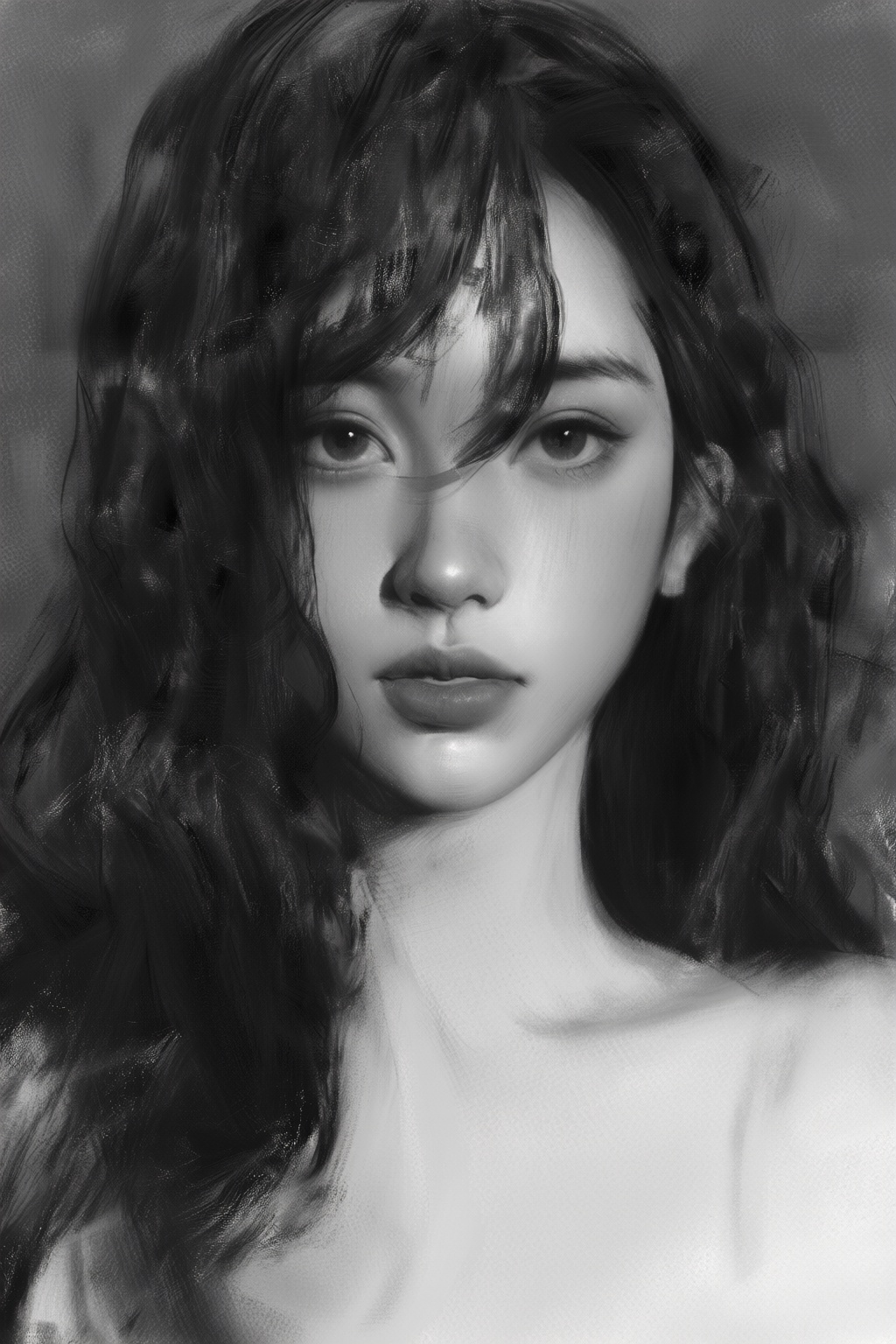 yizhengke3q illustration. Close-up of a young Korean woman with long,  wavy hair facing the viewer directly. Her face is t...