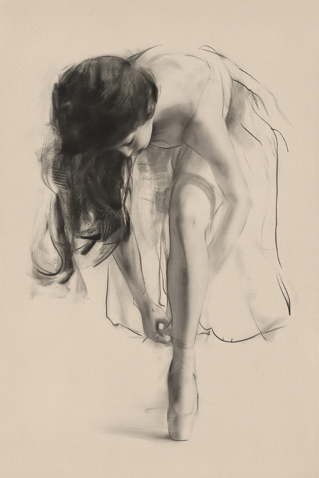 yizhengke3q illustration. Sketch of a ballet dancer bending forward,  adjusting her shoes. The dancer is wearing a flowing...