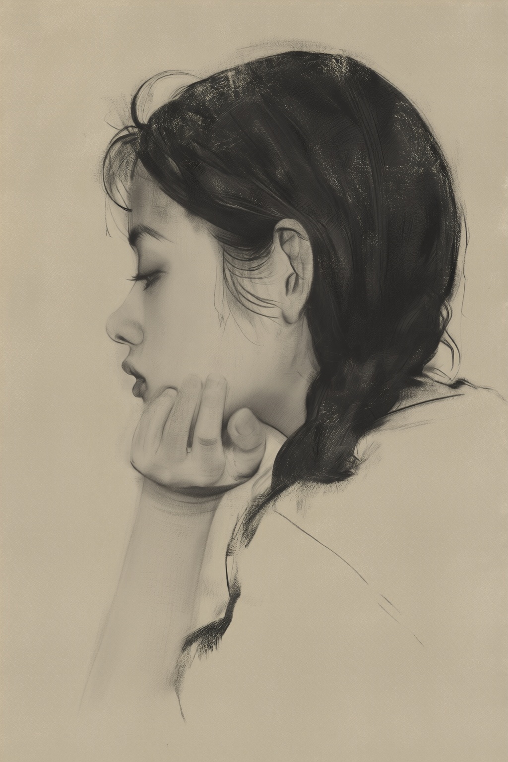 yizhengke3q illustration. A Chinese teenager is shown in side profile with long,  dark hair styled in a braid. Her chin is...