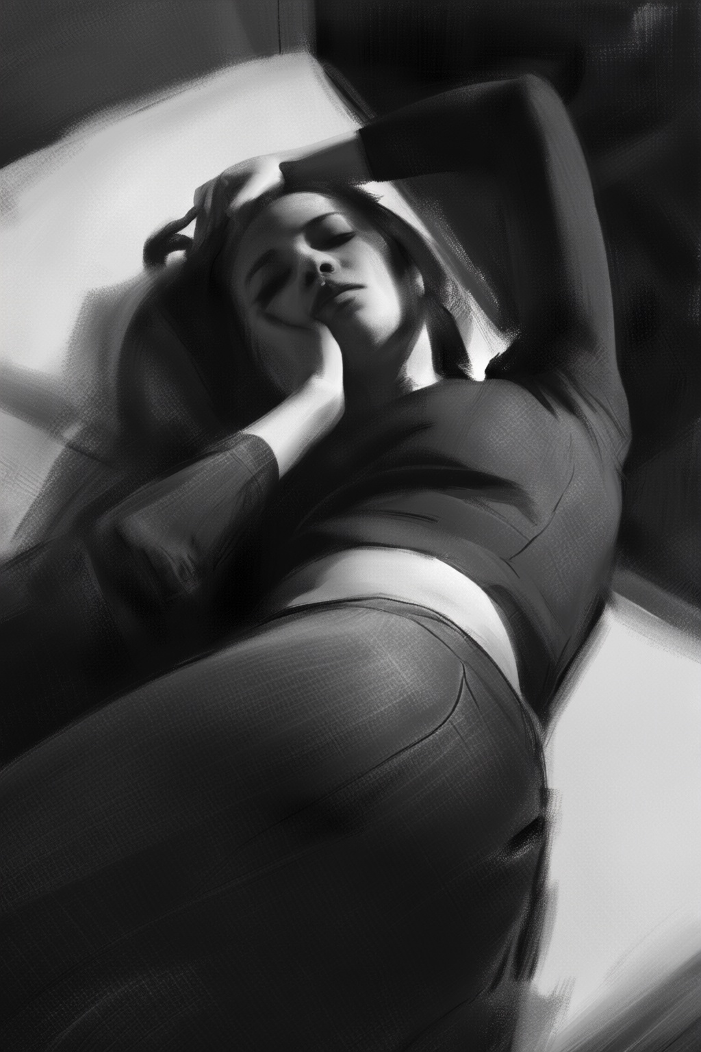 yizhengke3q illustration. An Italian woman is lying down on a bed. Her eyes are closed and her head rests on a pillow. She...