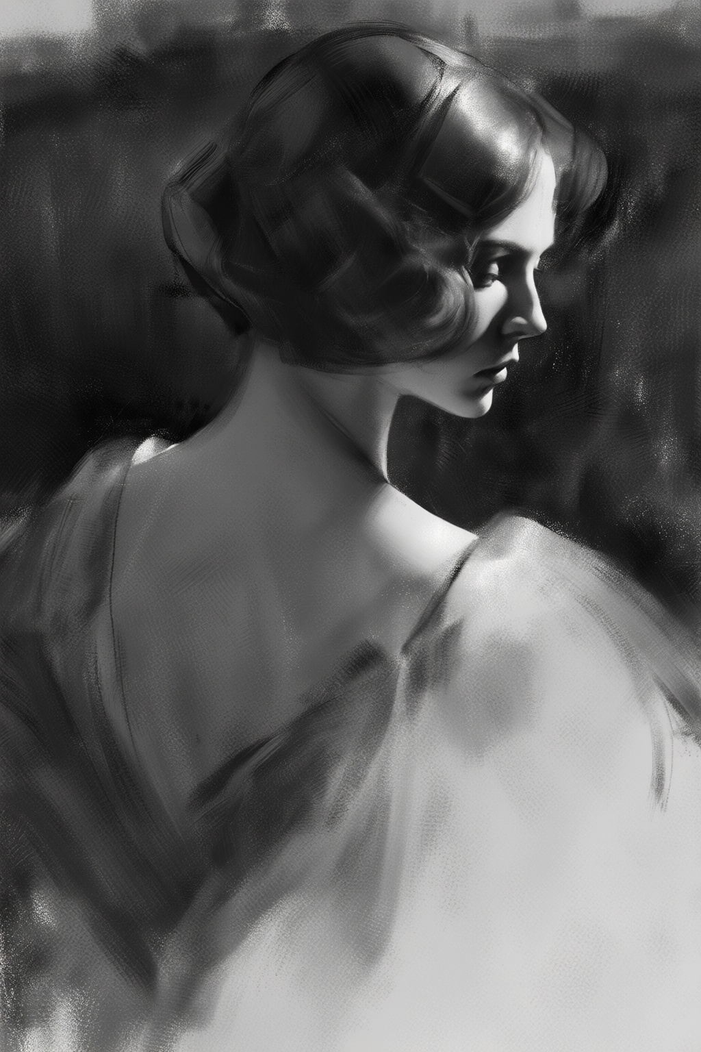 yizhengke3q illustration. A woman is shown with her back to the viewer,  with short,  wavy hair styled in a vintage fashio...