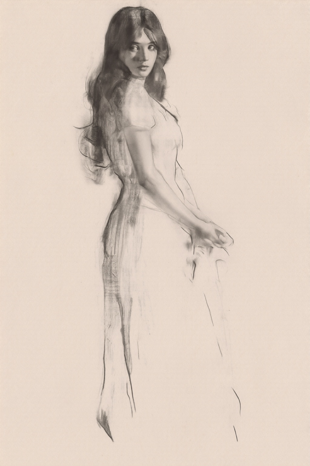yizhengke3q illustration. Sketch of a French woman,  shown in side profile,  with long on Tensor.Art
