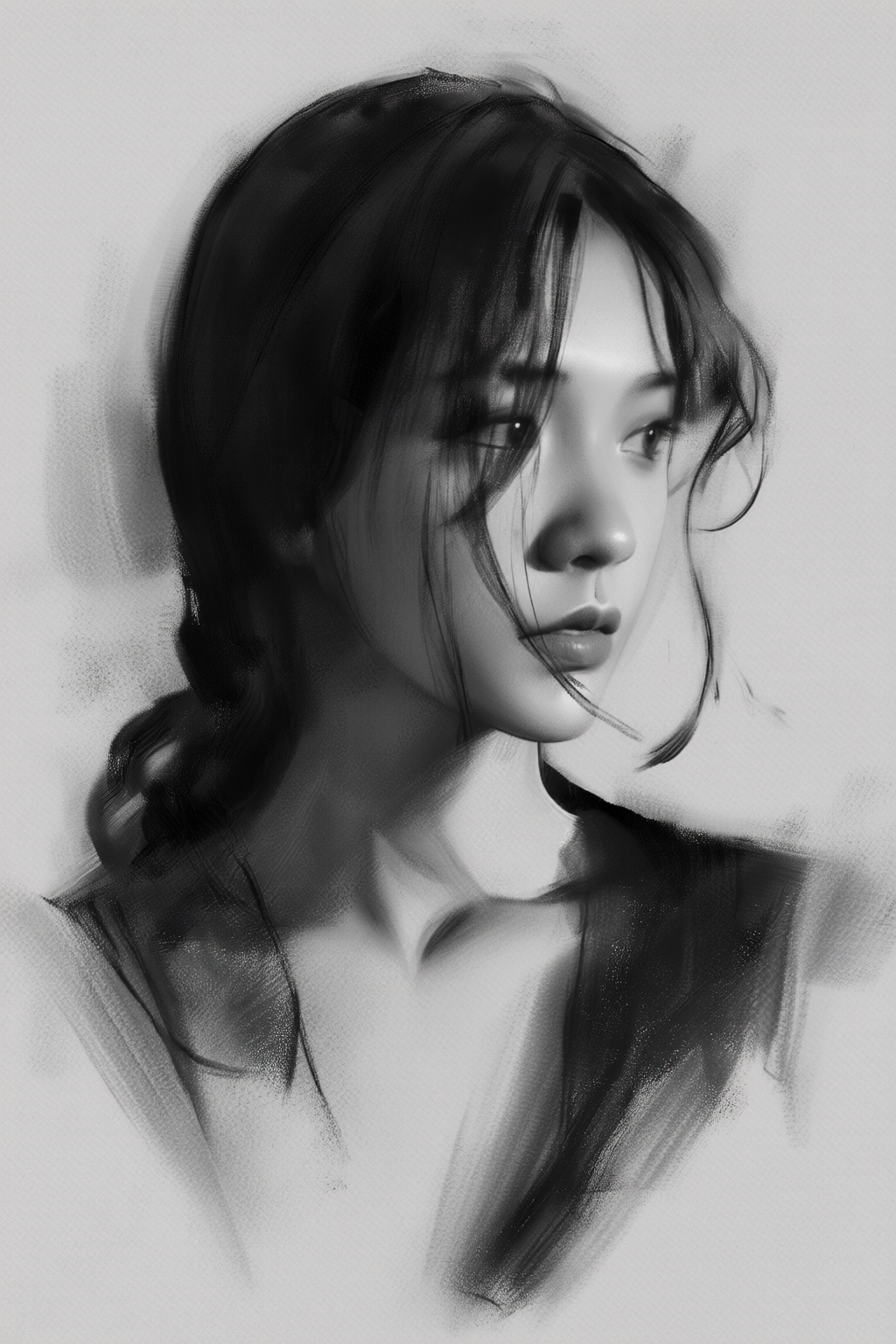 yizhengke3q illustration. A young Asian woman is glancing sideways toward the right. Her long,  dark hair is tied and a fe...