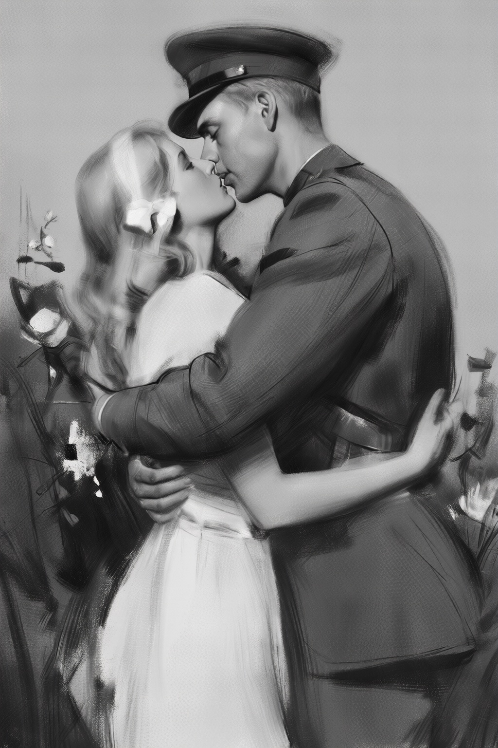 yizhengke3q illustration. Black and white illustration. A soldier in a military uniform embraces a woman in a white dress...