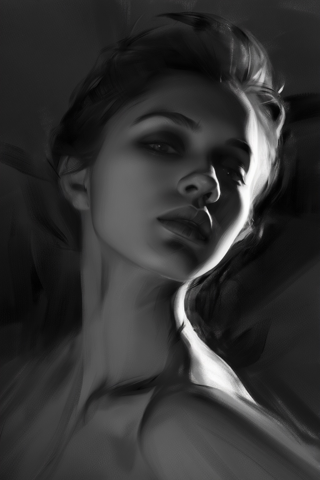 yizhengke3q illustration. A young Slavic woman's head is tilted slightly upward with her chin up,  and she is looking at t...