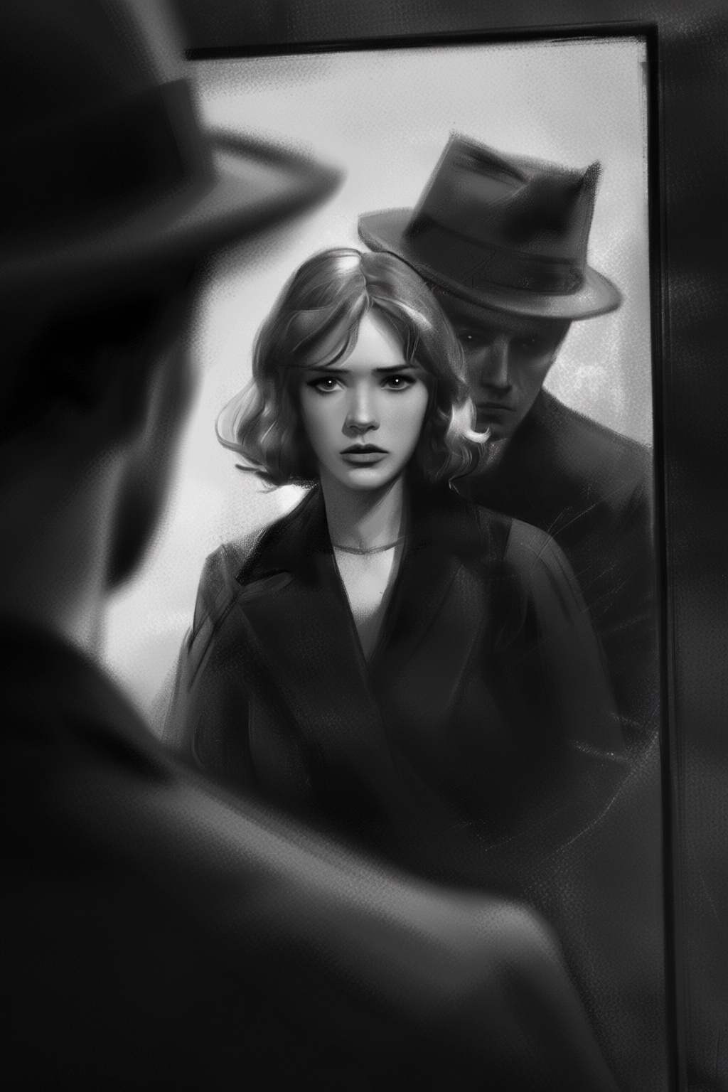 yizhengke3q illustration. Black and white image captured through a reflection in a grimy or distressed mirror,  which crea...
