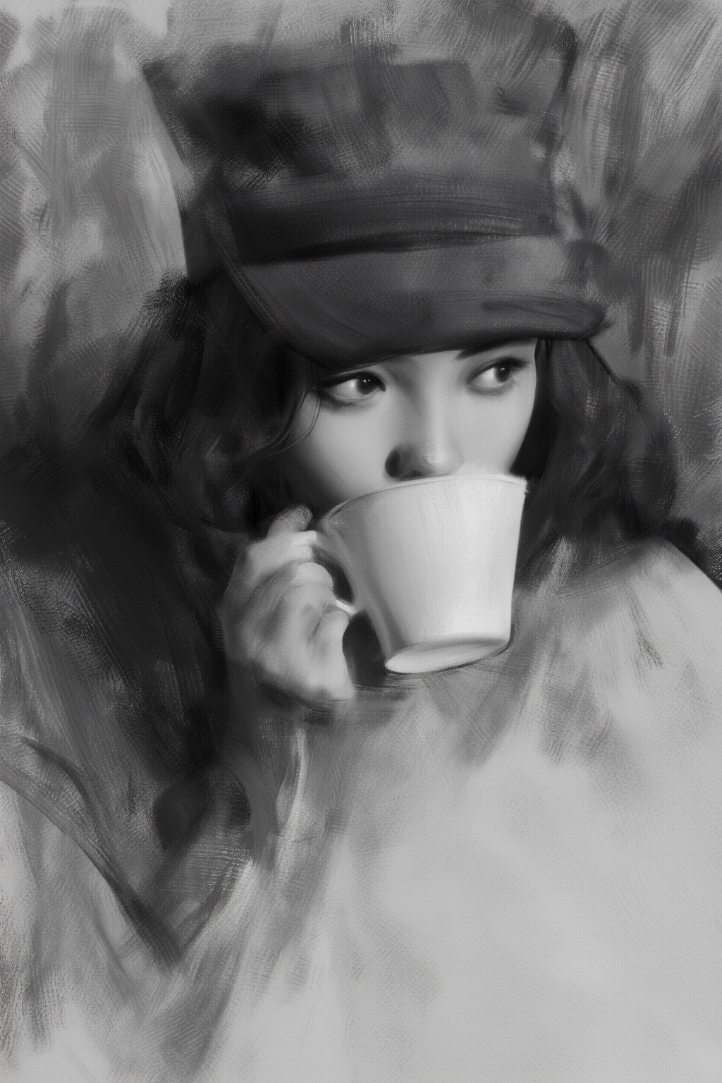 yizhengke3q illustration. A young woman wearing a hat and sweater is drinking from a coffee cup held close to her face. Sh...