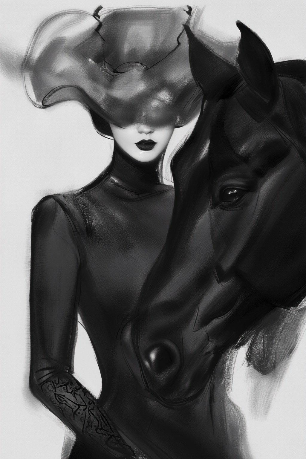 yizhengke3q illustration. Black and white illustration. Close-up portrait of a woman in on a majestic black horse. The wom...