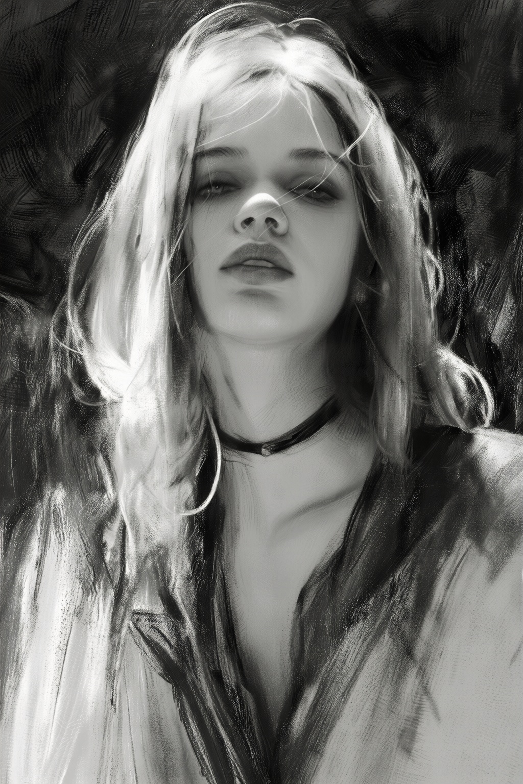 yizhengke3q illustration. A Dutch teenager with long,  flowing messy blonde hair is wearing a dark choker. Her head is til...