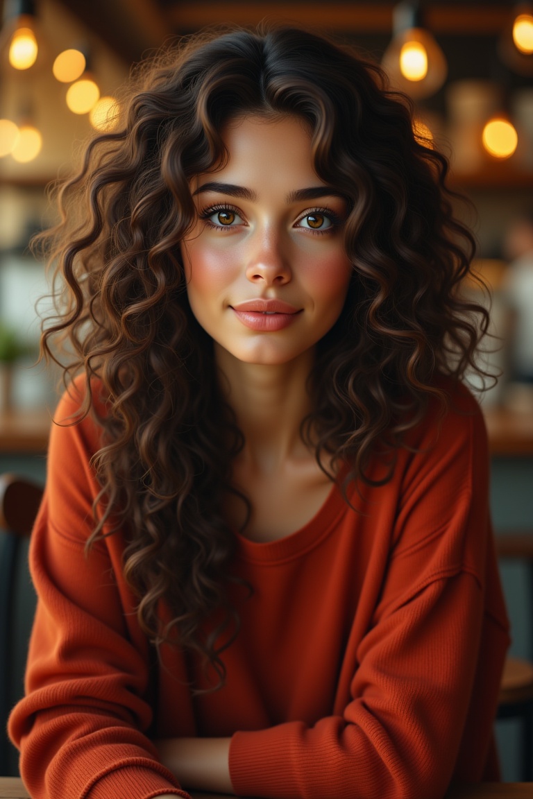 hyper-realistic portrait of a beautiful young woman with long dry curly hair cascading over her shoulders,  expressive lar...