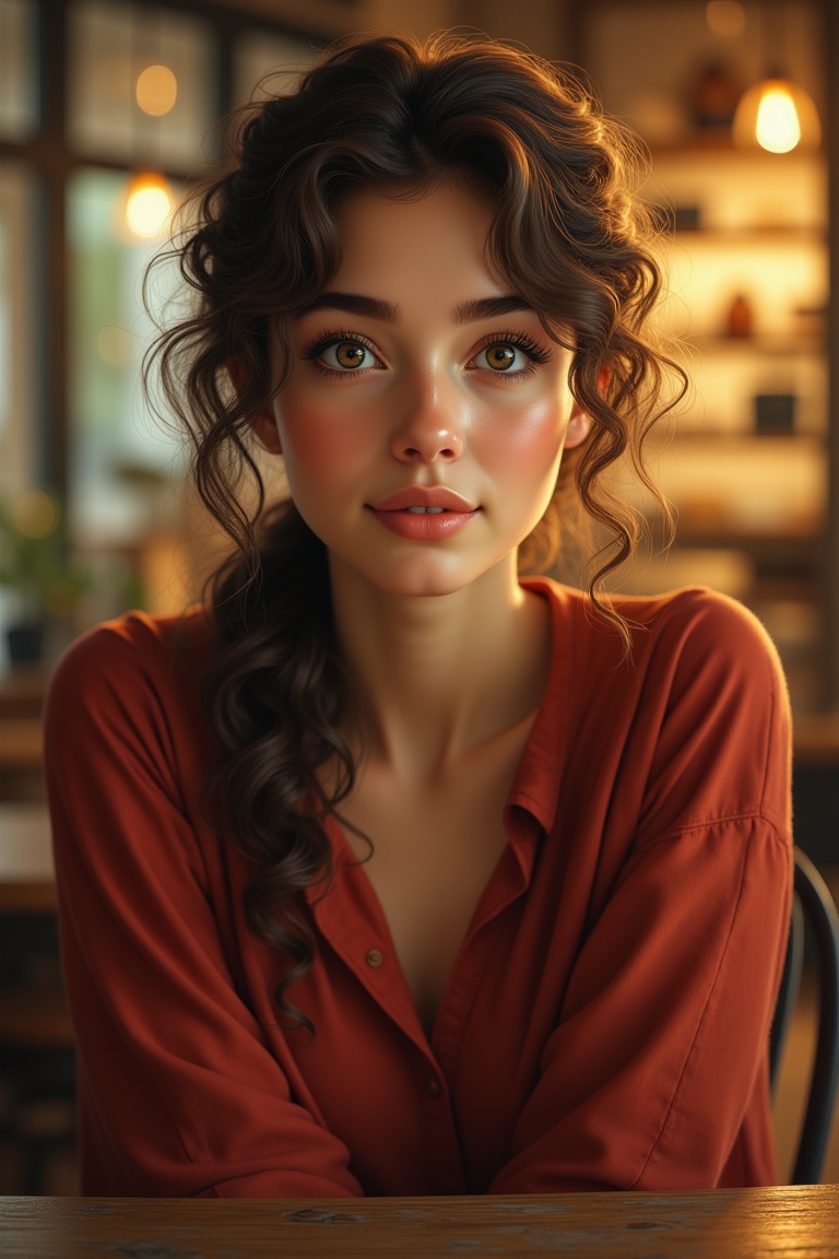 hyper-realistic portrait of a beautiful young woman with long curly hair tied loosely into a low ponytail,  soft flyaway c...