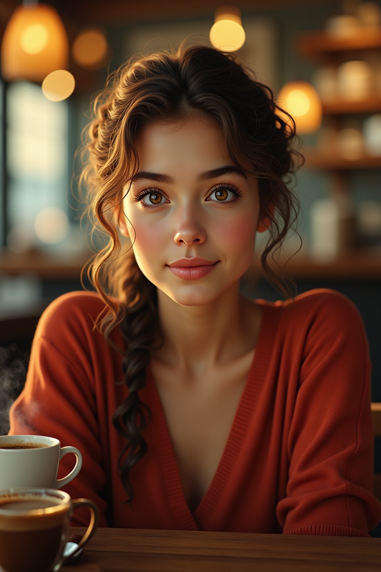 hyper-realistic portrait of a beautiful young woman with long curly hair tied loosely into a low ponytail,  soft flyaway c...