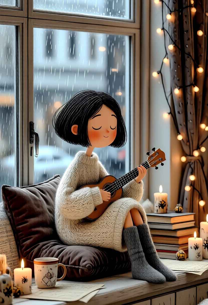 A 3D whimsical style illustration. A cozy,  contemplative scene set in a bay window on a rainy afternoon. A gentle girl wi...