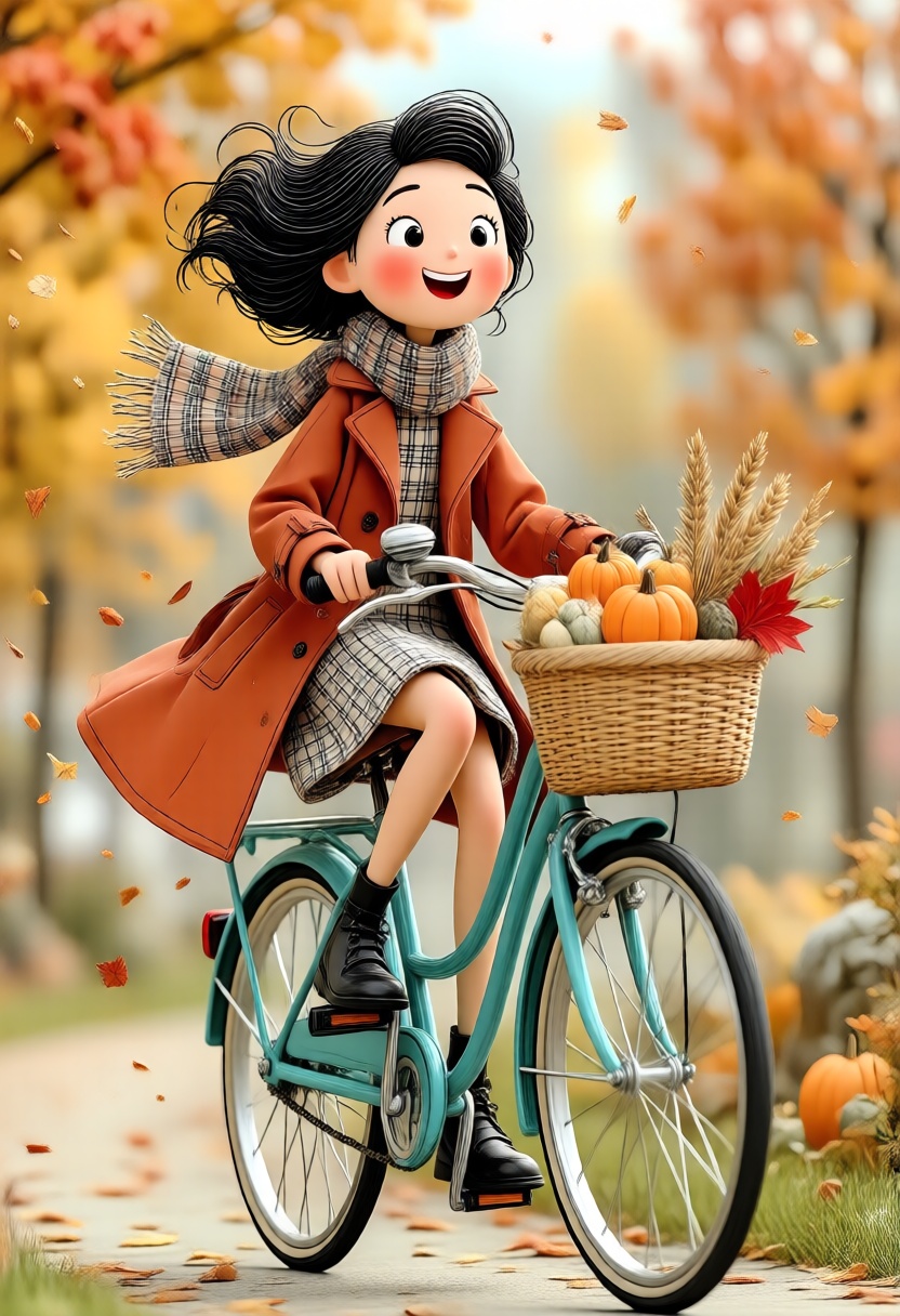 A 3D whimsical style illustration. A vibrant,  dynamic illustration of a joyful girl riding a vintage turquoise bicycle do...