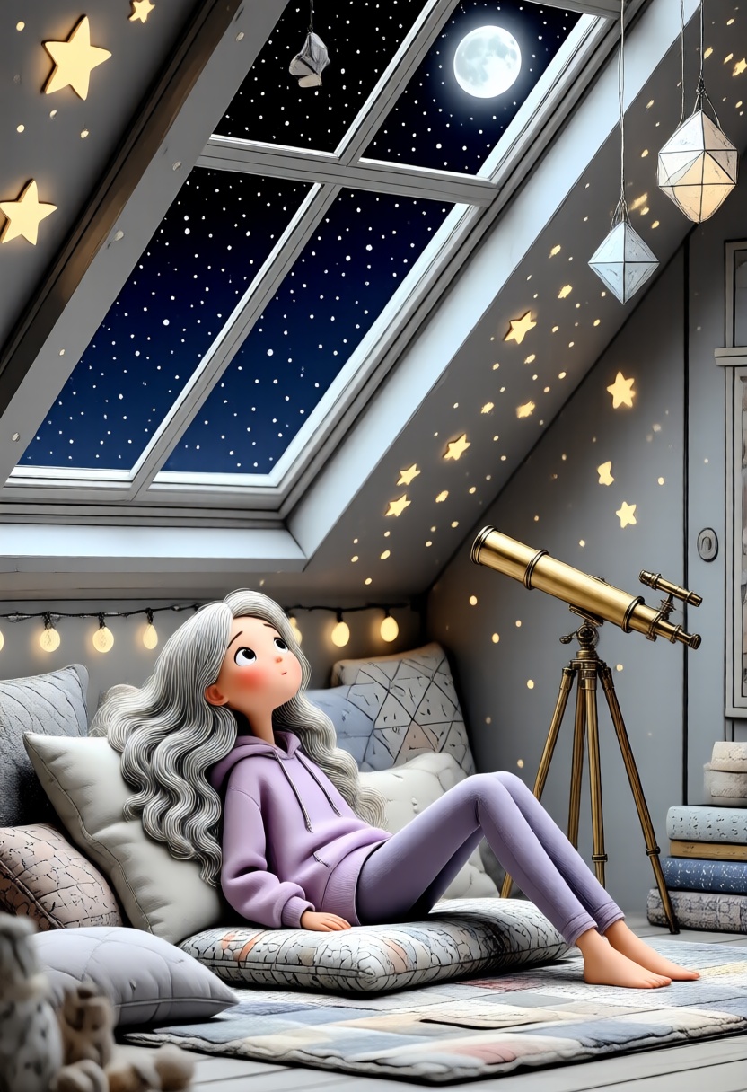 A 3D whimsical style illustration. A serene,  dreamy atmosphere inside a slanted-roof attic bedroom with a large skylight....