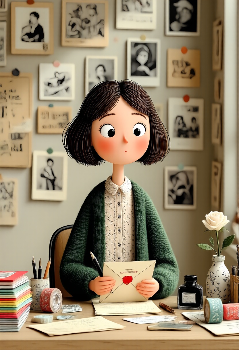 A 3D whimsical style illustration. A nostalgic,  soft-focus portrait of a thoughtful young woman seated at an antique roll...