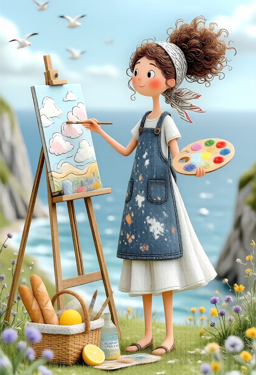 A 3D whimsical style illustration. A breezy,  cheerful scene on a grassy cliffside overlooking a sparkling deep-blue sea....