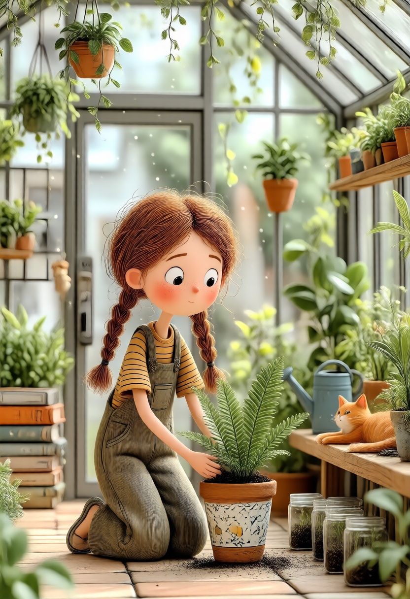 A 3D whimsical style illustration. A lush,  sun-drenched illustration of a focused young girl with frizzy auburn hair brai...