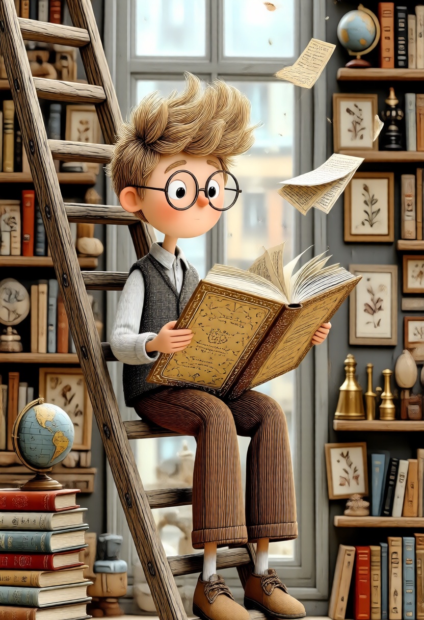 A 3D whimsical style illustration. A whimsical,  magical illustration of a small boy with tousled sandy-blonde hair and ro...
