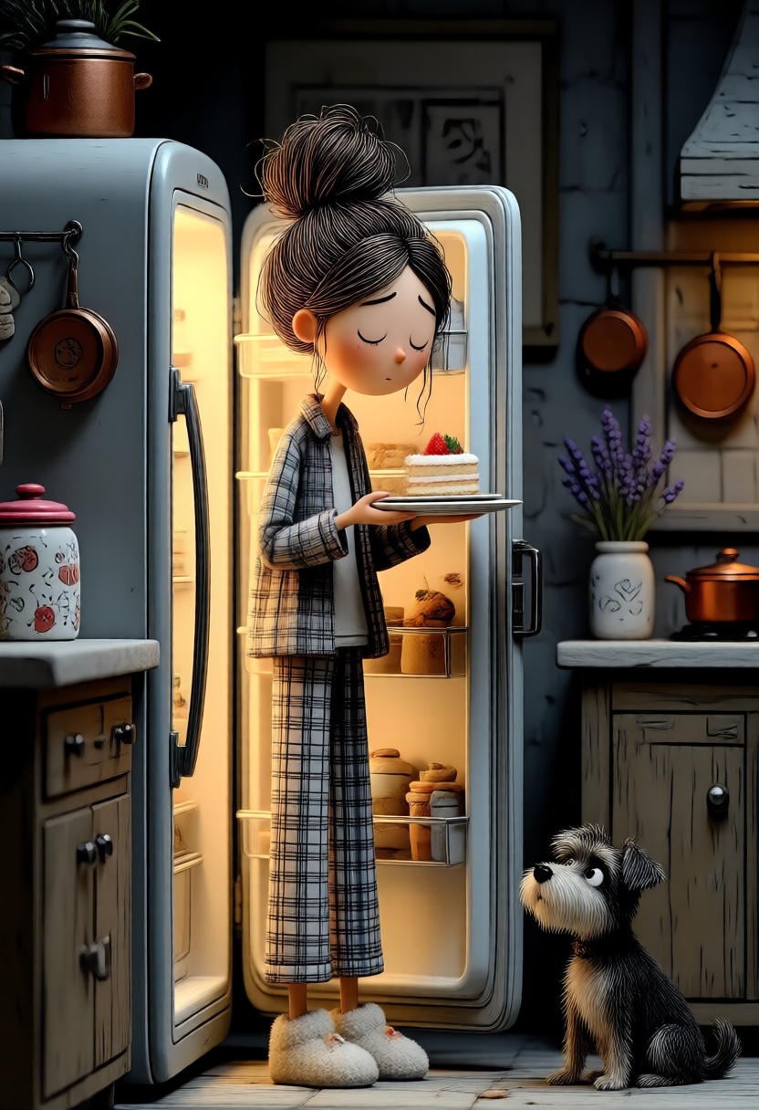 A 3D whimsical style illustration. A warm,  intimate illustration of a sleepy girl standing by the open door of a refriger...