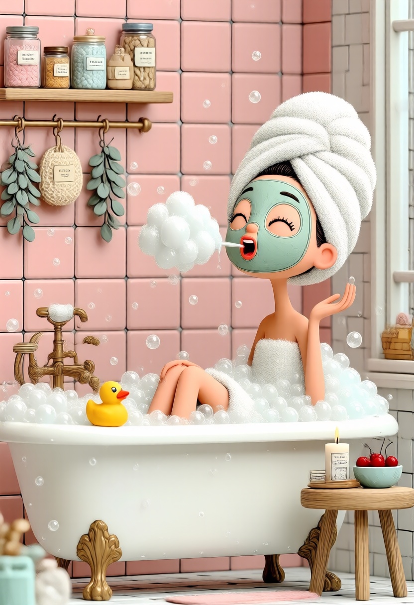 A 3D whimsical style illustration. A playful,  bubbly illustration of a relaxed girl in a claw-foot bathtub filled to the...