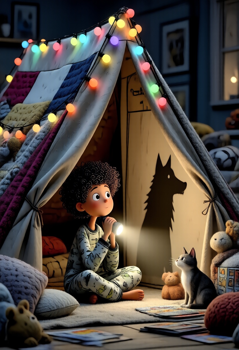 A 3D whimsical style illustration. A cozy,  dimly lit scene inside a massive blanket fort constructed in a living room. A...
