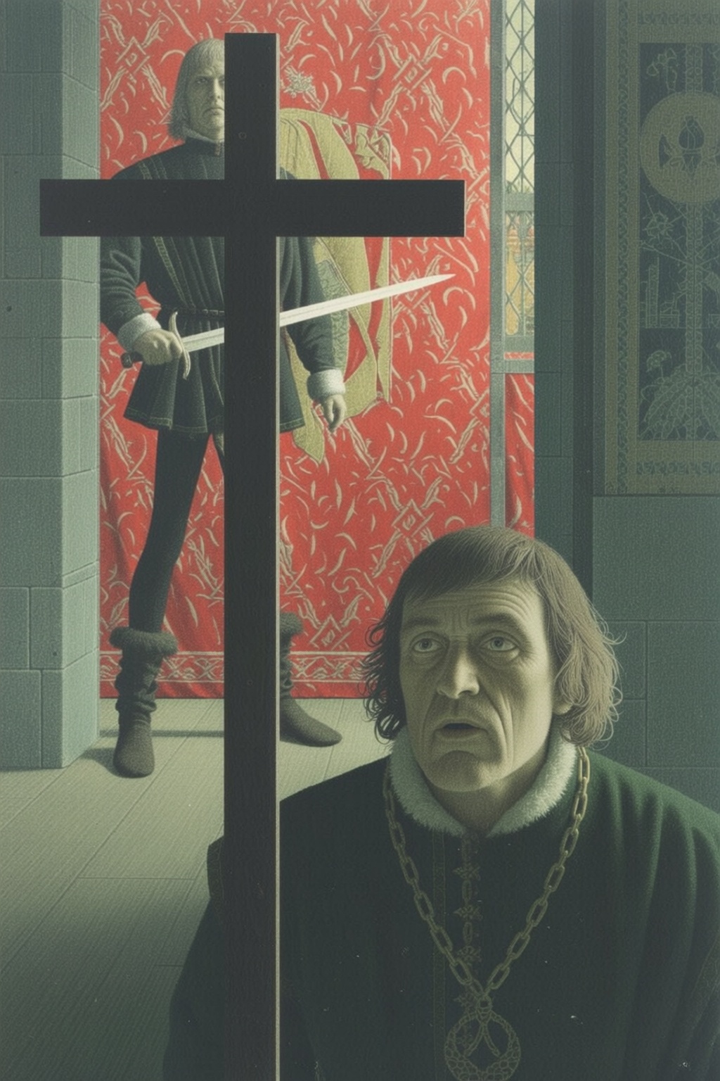 jeanleonhuens2q illustration. A medieval-style interior features a large black cross prominently placed in the foreground....
