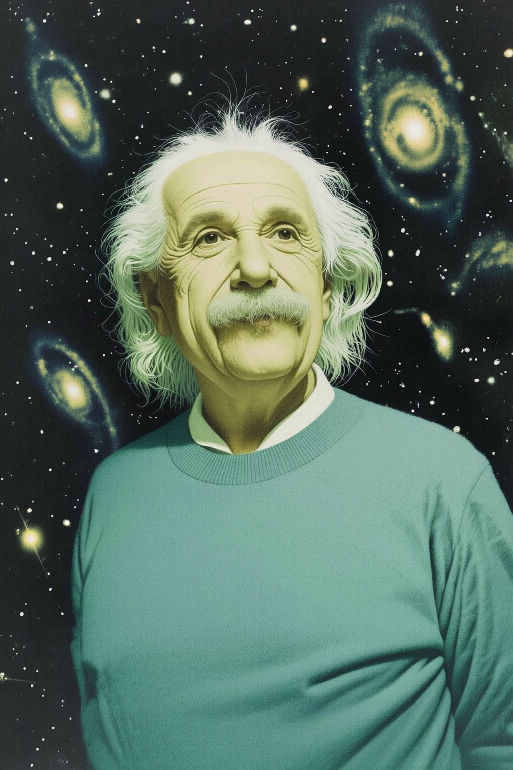 jeanleonhuens2q illustration. Albert Einstein,  a scientist,  is wearing a light blue sweater over a white collared shirt...