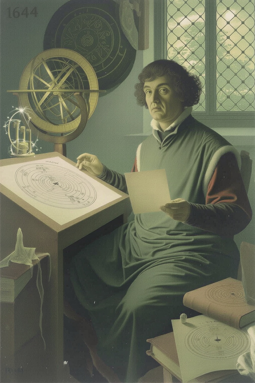 jeanleonhuens2q illustration. Copernicus,  an astronomer,  is sitting at a desk on Tensor.Art