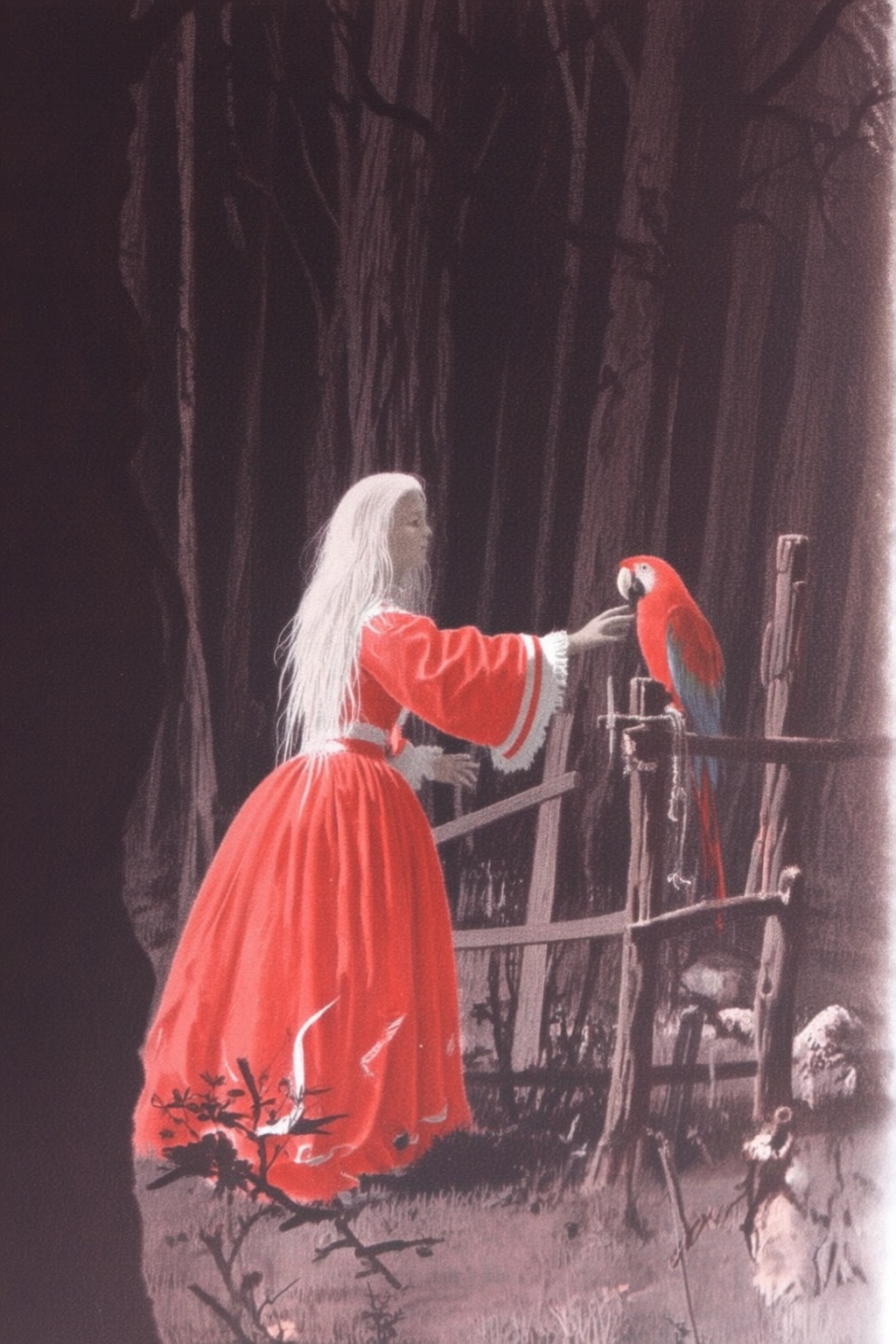 jeanleonhuens2q illustration. A woman in a red gown with white accents stands in a forested area,  reaching out to a woode...