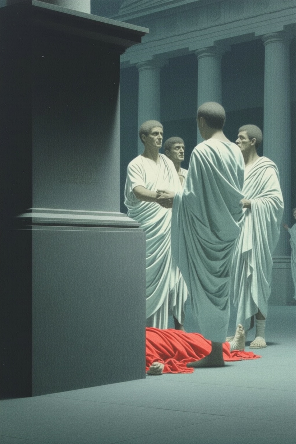 jeanleonhuens2q illustration. Three men in Roman togas are standing in front of a large pedestal. Two of the men are engag...