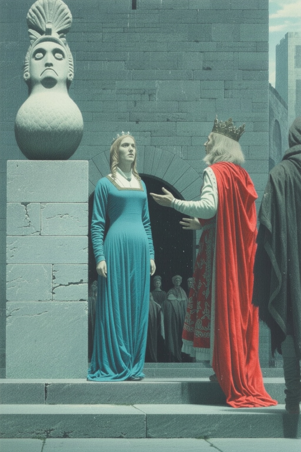 jeanleonhuens2q illustration. A king in a red and white robe with a crown on his head is speaking to a woman in a blue gow...