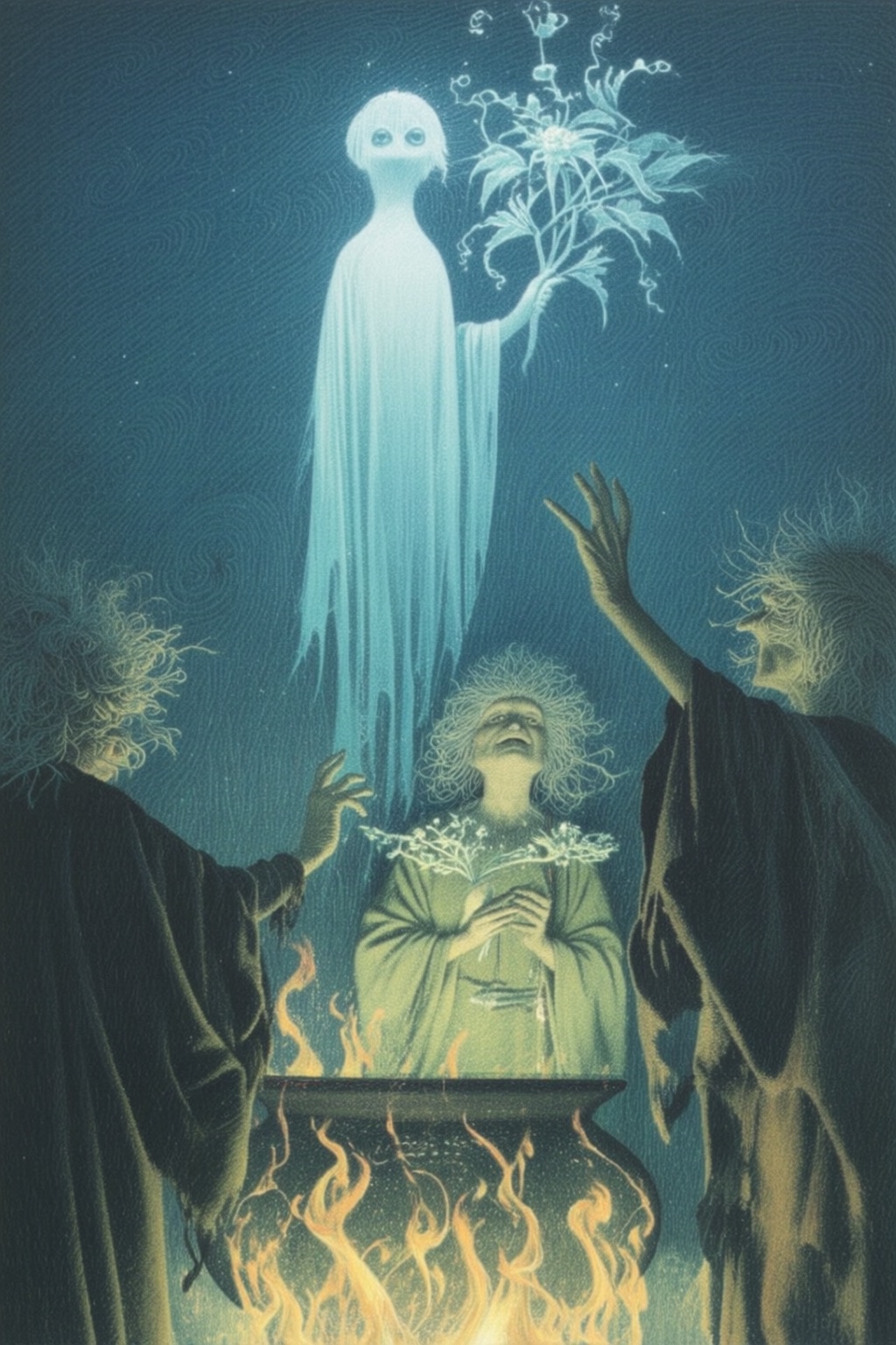 jeanleonhuens2q illustration. A glowing mirage or ghost is floating in the air,  surrounded by three witches. The central...
