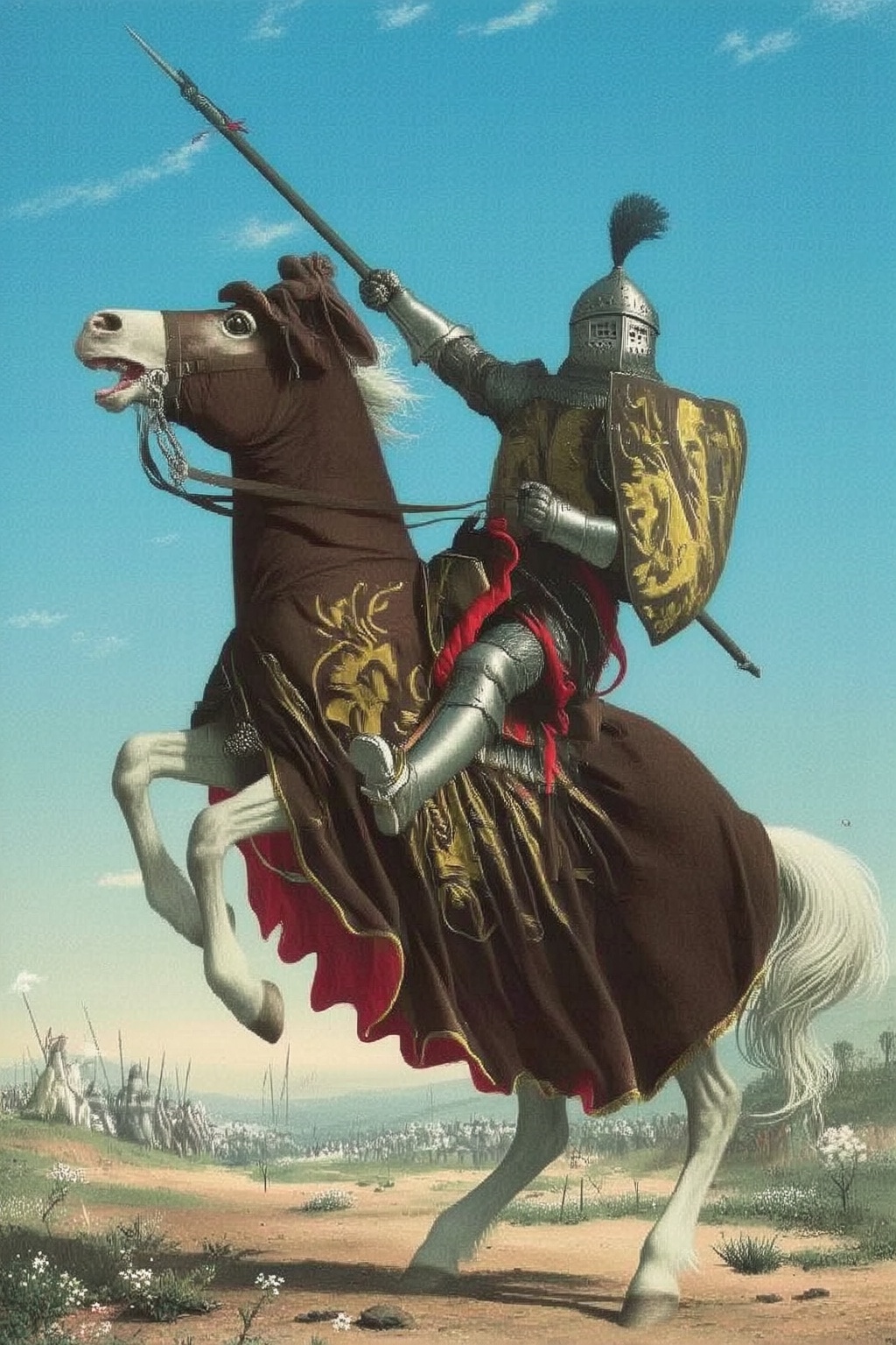 jeanleonhuens2q illustration. A knight in full armor is riding a rearing white horse. The knight is equipped with a helmet...