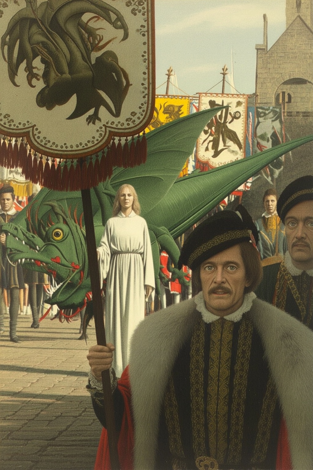 jeanleonhuens2q illustration. A medieval parade. At the front of the parade,  a man dressed in a fur-trimmed garment is ho...
