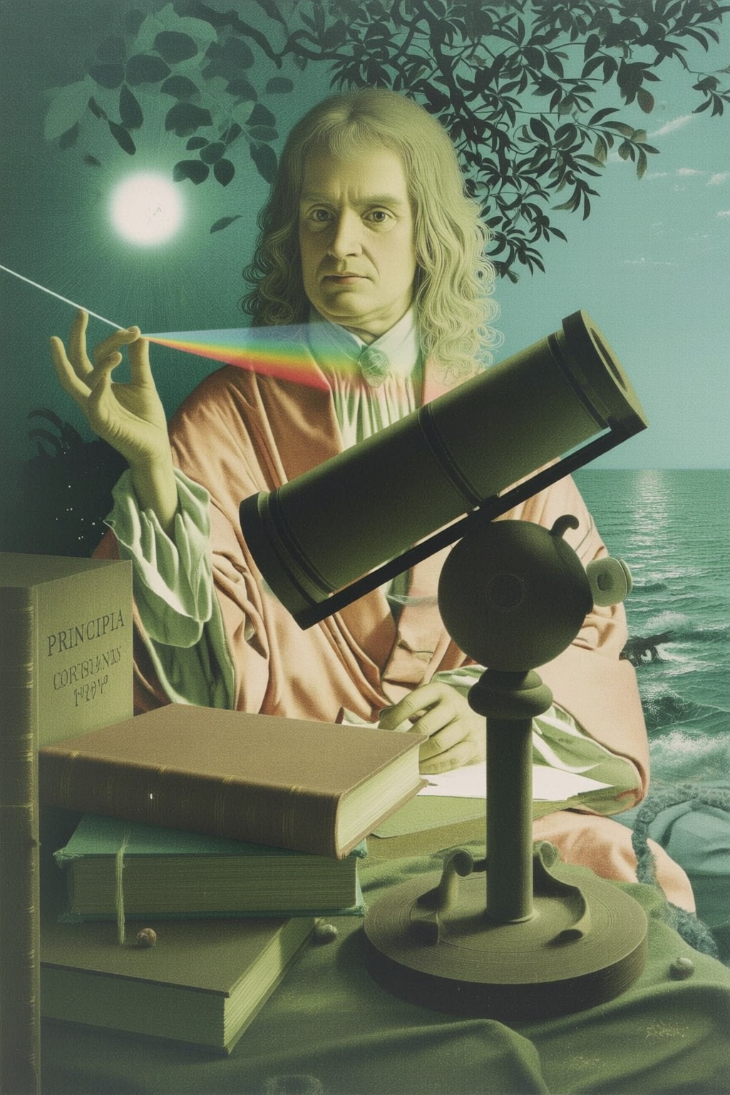 jeanleonhuens2q illustration. Sir Isaac Newton,  a scientist,  is seated at a desk on Tensor.Art