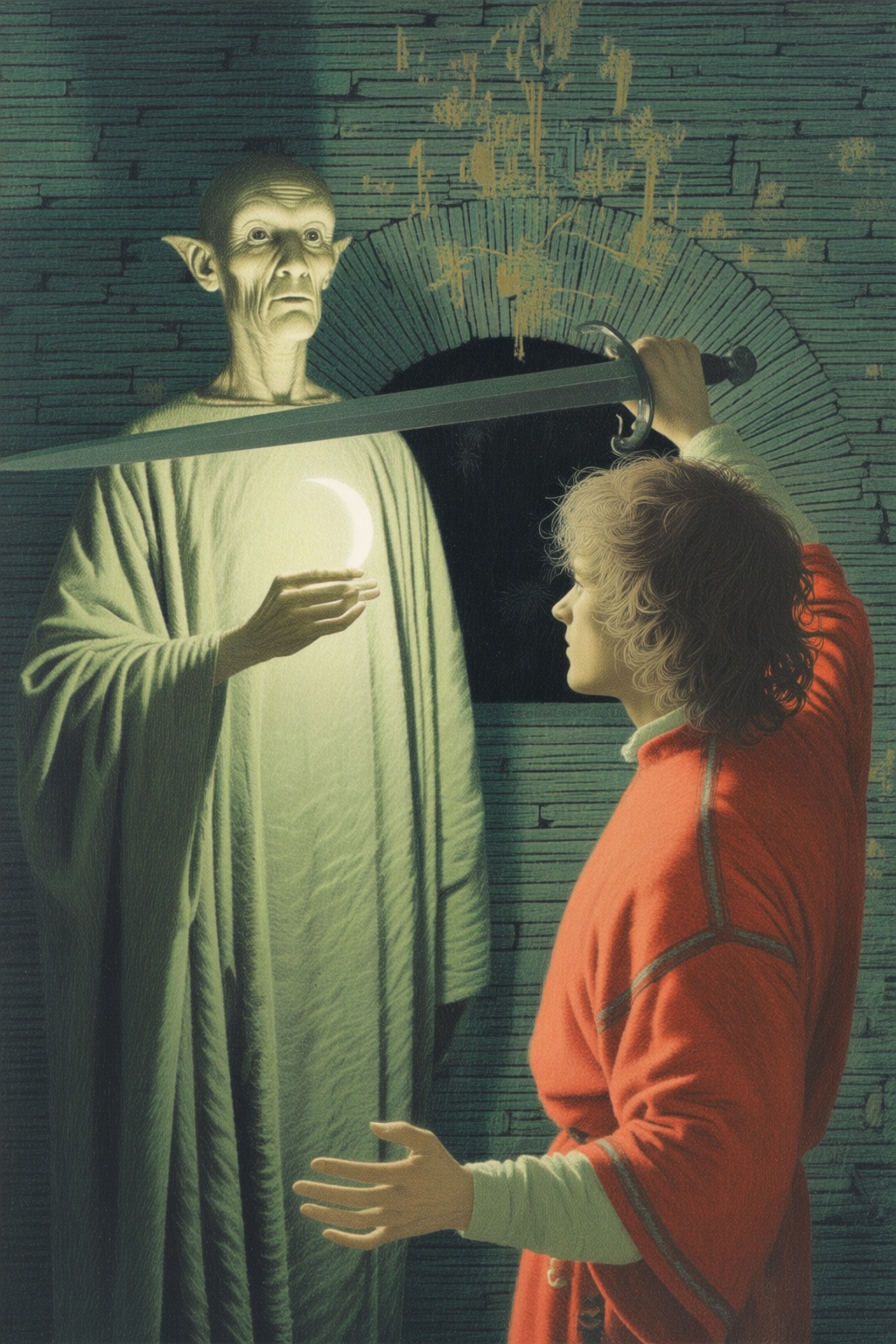 jeanleonhuens2q illustration. An elderly wizard in a long,  flowing robe holds a glowing crescent moon in his hand. In the...