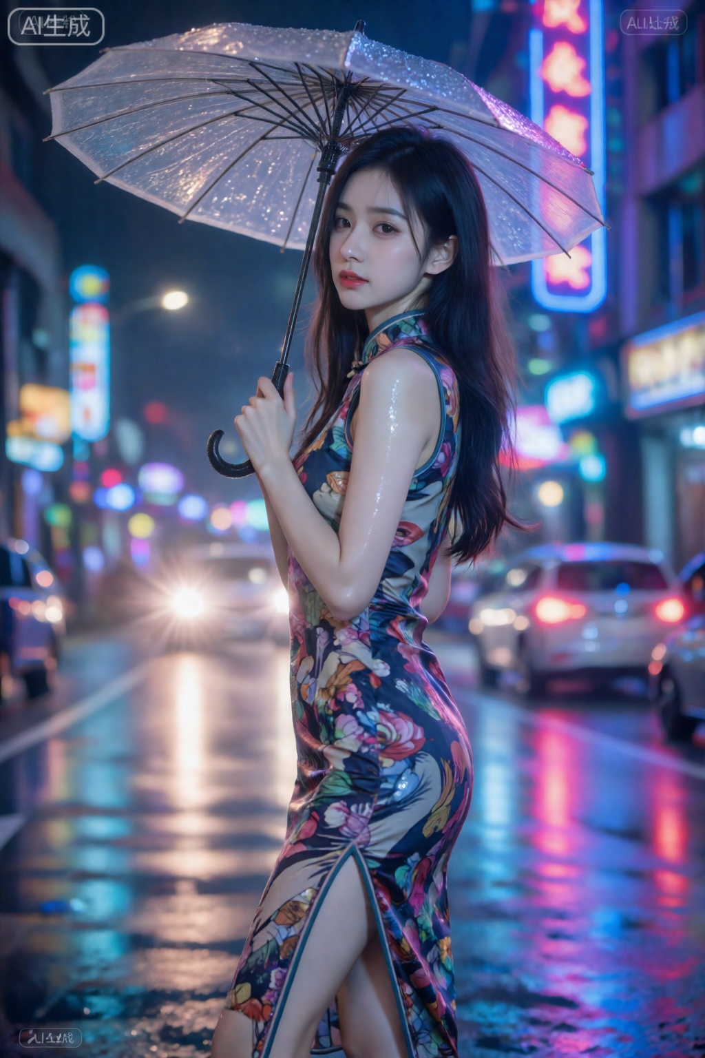 ,背景是模糊的霓虹色块漩涡,仿佛印象派的雨夜,一位旗袍美人执电子伞,从色彩漩涡中心走出,身段婀娜,她回望镜头,眼神迷离,雪白肌肤与环境光交融,水润光泽,大光圈将背景虚化为梦幻光斑,氛围感拉满,
 ,驿站佳人