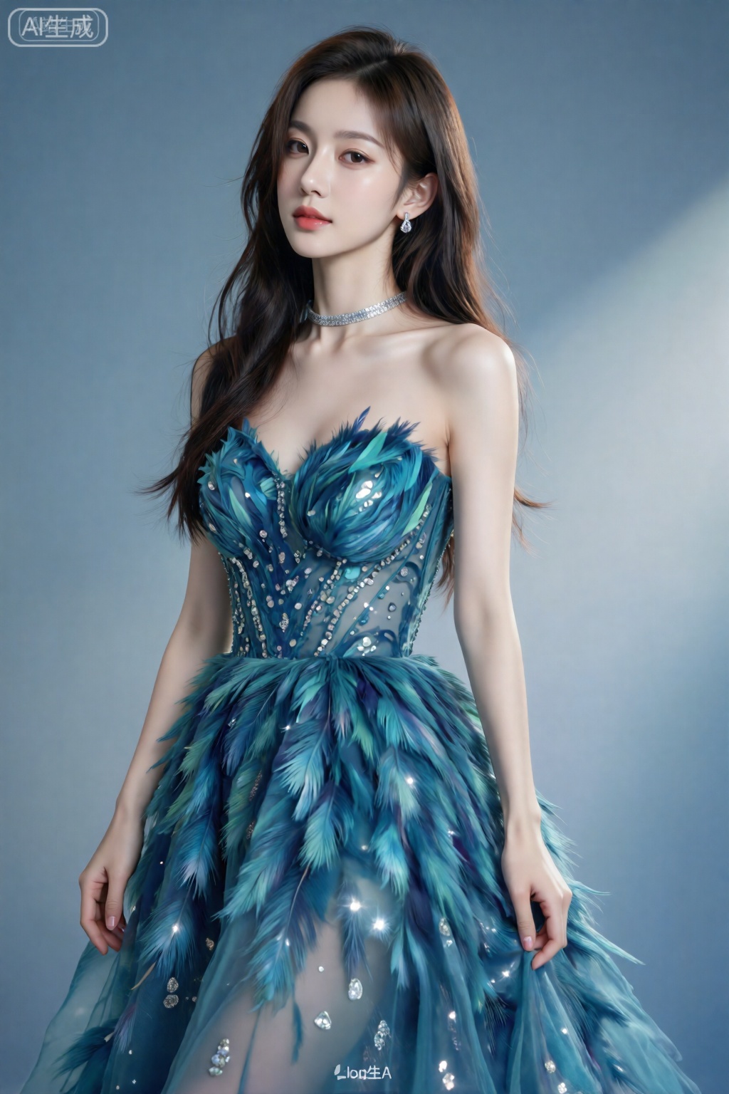 ,真实照片,reality,
Photograph of an East Asian woman with fair skin and long, wavy brown hair, wearing a strapless, teal-colored ball gown adorned with large, feather-like textures and sparkling embellishments. She has a slender build and is wearing a silver choker necklace with matching earrings. Her makeup is subtle, with a focus on her red lips. The background is a gradient of soft blue, adding a dreamy, ethereal quality to the image. The lighting is soft, highlighting the textures and colors of her dress, and she gazes slightly to the side with a serene expression. The overall style is elegant and sophisticated.
 
 ,驿站佳人