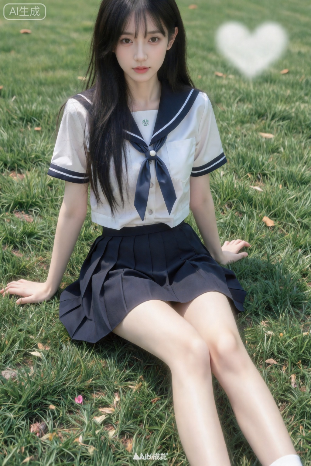 Photo style, textured lighting, natural light, full of texture, photography style, ultimate details, high-end feel. Soft light, fluid texture, hazy, low saturation, natural light, Polaroid light, long black hair. In the picture, there is a cold, fair-skinned girl with delicate skin, wearing a school uniform and a short skirt, sitting on a clean grassland. The weather is clear and the clouds are floating.

 ,驿站佳人