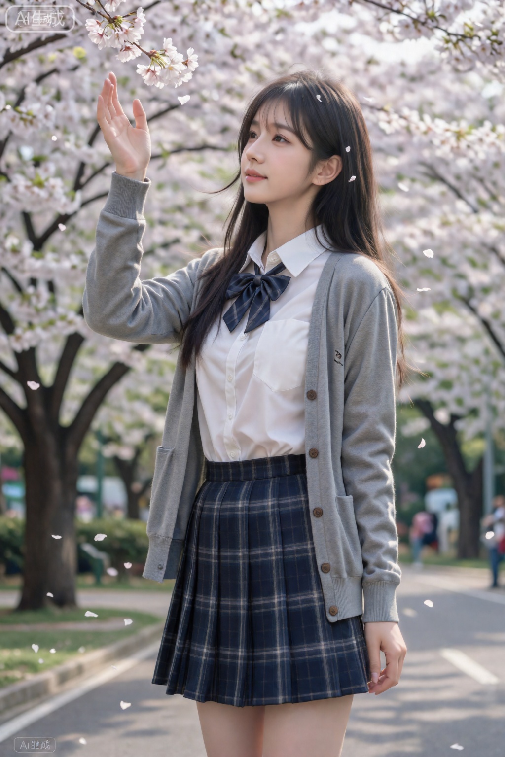 千问佳人,真人美女真实摄影照片,极具视觉冲击力精致壁纸风,初恋女友JK 裙（藏青格纹百褶裙+ 白色衬衫+ 灰色针织开衫）,完美身材（纤细高挑,少女感曲线）,8K 超高清,佳能EOS R5 相机,50mm F1.2 定焦镜头,ISO 100,快门速度1/200s,光圈F1.2,室外校园樱花道场景,自然光柔和照射,侧身抬手接飘落的樱花姿势,JK 裙百褶纹理清晰,衬衫领口蝴蝶结工整,发丝间夹杂樱花花瓣。
 ,驿站佳人
