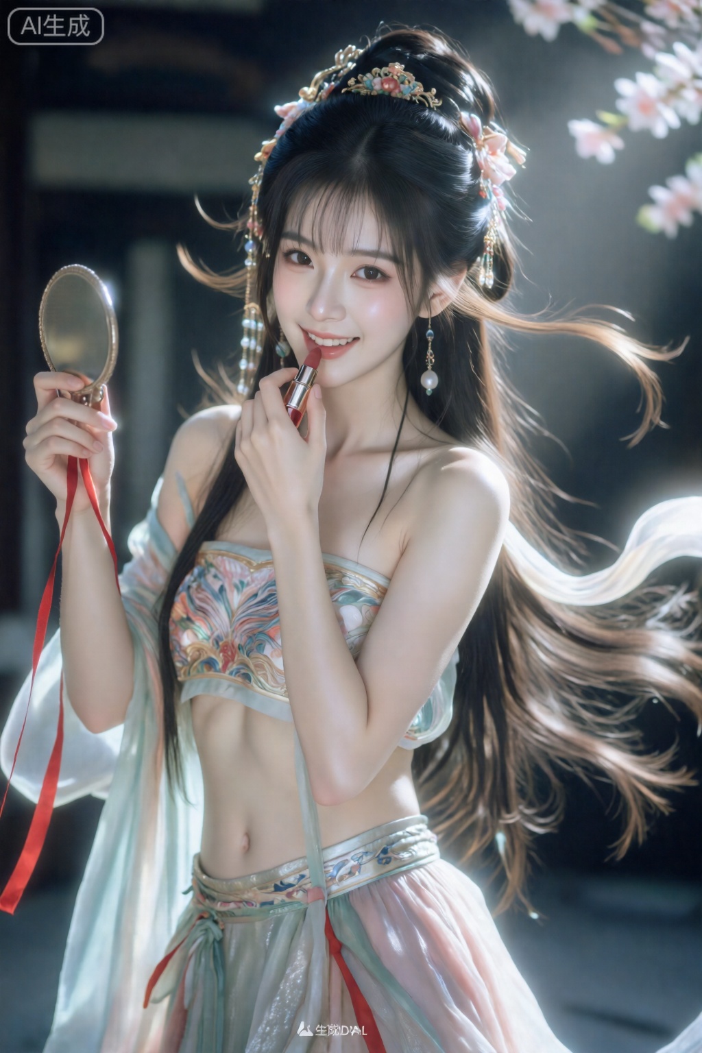 千问佳人,美颜,皮肤质感水润光滑年轻,去AI 感,职业微笑,(（爆乳蜂腰）),看着镜头,千问佳人,
meinvzi,美颜,皮肤质感水润光滑年轻,去AI 感,轻松愉悦表情,看着镜头,可爱女学生,真人,皮肤雪白雪白俏皮可爱的动作,慵懒,另一只手拿着的口红在给自己涂口红,一只手拿着小镜子红色丝带飘扬. 对焦模糊,强侧光,高曝,overexposure,暗调,伦勃朗光,中式花妖,古典美人,以桃花为鬓,long hair,云鬓,情绪氛围感拉满,胶片颗粒感,慢快门,朦胧美学,服饰材质柔软,飘逸,神性,楚辞神女,流苏发饰,步摇,衣袂飘飘,披帛,headpiece,黄金比例的五官,明艳五官秀发飞扬飘舞,身着盛装的女生,抓拍她曼妙的全身姿态,尽显动态美学,画面存在失焦的残影,斑驳光影和隐约场景暗朦光朦地交织,部分区域过曝,扎着双马尾,吊着各种发饰,高贵冷艳,古代刁蛮大小姐,公主切发型,马尾上面带着中式精致繁琐配饰,发簪,穿着中式无袖露肩上衣,衣服上有花纹勾画精致,非常潮流的搭配风格,逆光拍摄,柔和的光影勾勒人物轮廓,低角度仰拍构图,营造静谧松弛感,日常快照风格,自然柔和光线,可爱的表情,鬓角发丝凌乱自然垂落,随机动态视角,摆pose,人像摄影,日常快照风格,美女,精致发饰,锁骨很好看,navel,macro_shot,超细节,冷白匀净清透细腻的皮肤,完美身材,半身镜头,
 ,驿站佳人