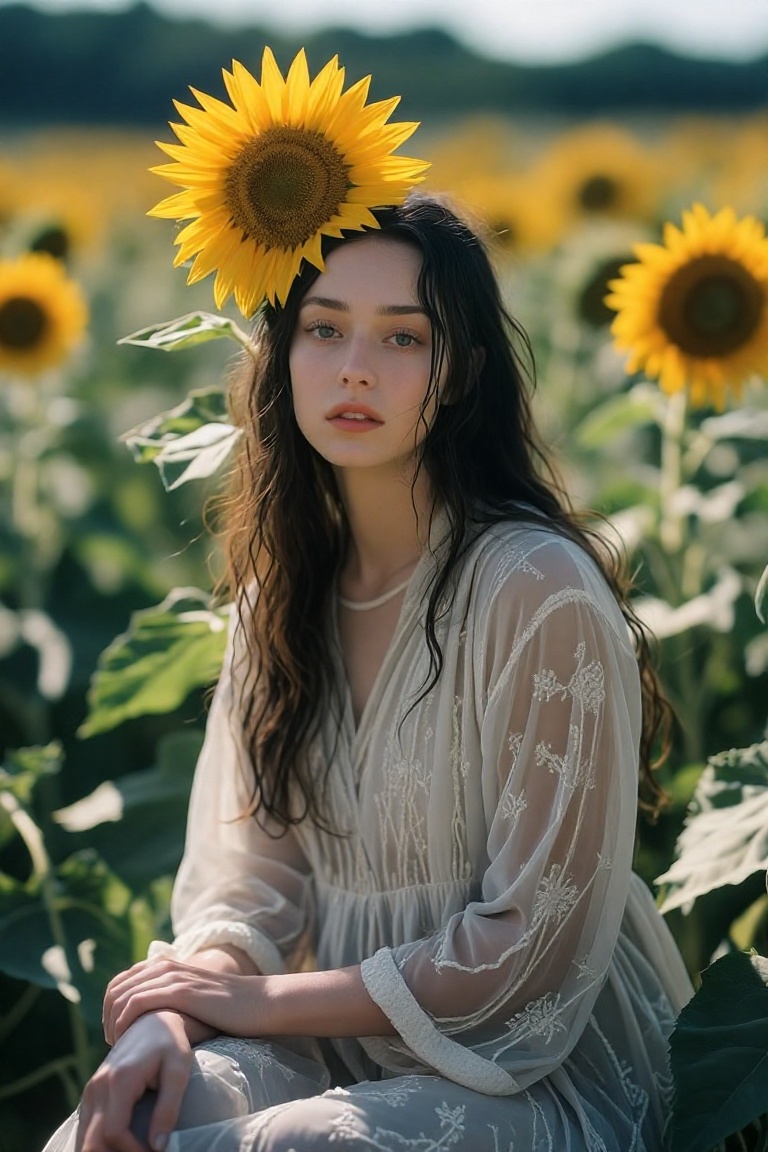 The image depicts a person sitting amidst sunflowers in a field. The individual is wearing a sheer,  embroidered dress wit...