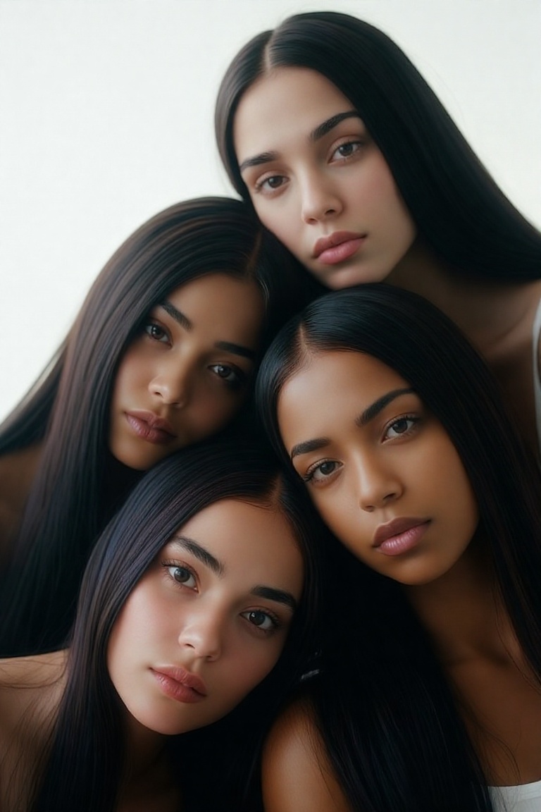 The image features three women with long,  straight hair,  each with a different skin tone. They are closely positioned on...