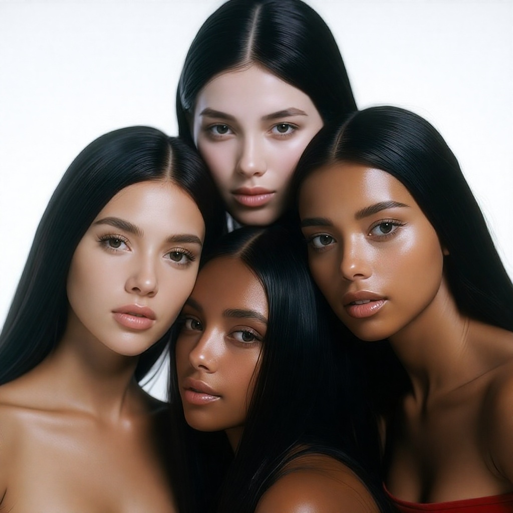 The image features three women with long,  straight hair,  each with a different skin tone. They are closely positioned on...