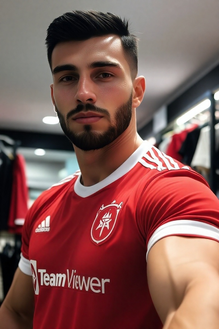 A close-up selfie of a young man with short dark hair and a well-groomed beard,  wearing a red sports jersey with white ac...